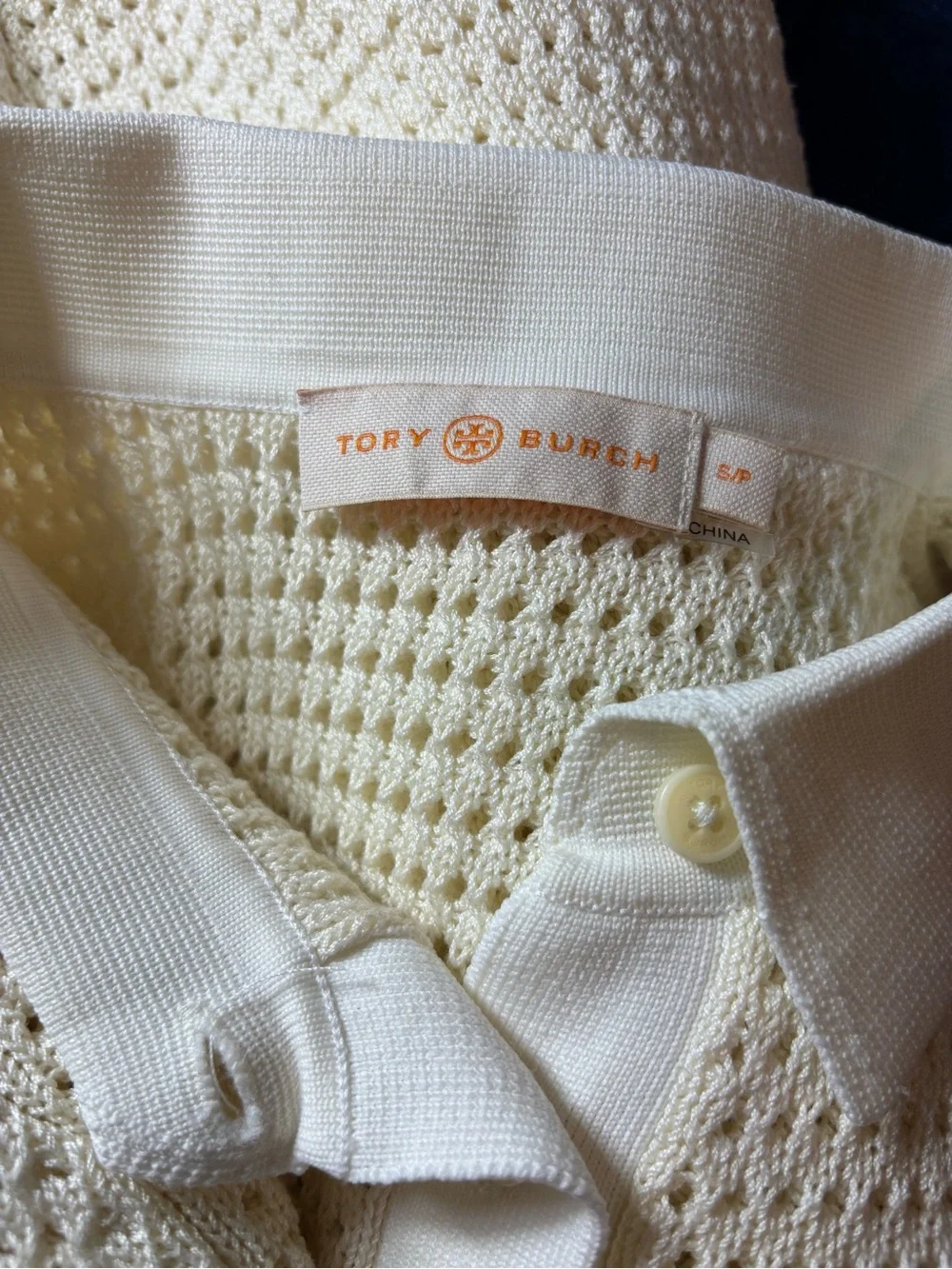 Tory Burch Cream Open Knit Crochet Sweater Pointelle Polo Shirt Top S Small